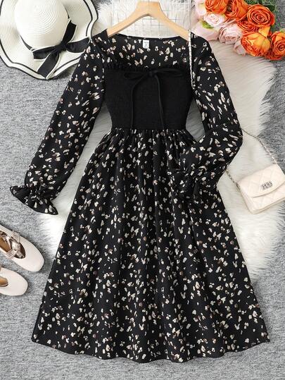 SHEIN Teen Girls Black Solid Woven Contrast Color Stitching Random Print Puff Sleeves Long Sleeves Simple Casual Mid-Length Dress, Spring And Autumn Wear, Autumn And Winter Inner Wear, Back To School Season Black Dress For Tweens Dress Vintage Girls Teen Girls Elegant Long Sleeve Dresses Girl Black Elegant Dress Long Sleeve Black Floral Dress