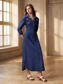 Selenza 女士花卉刺绣七分袖单排扣优雅牛仔连衣裙 - 藍色 - 查看 4