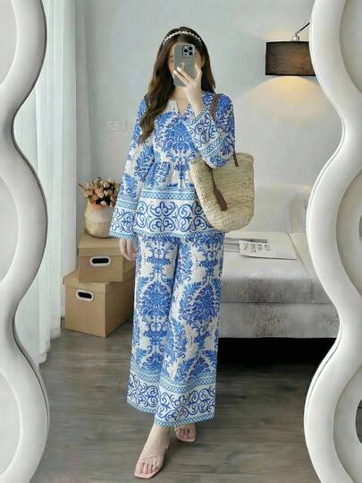 2pcs/Set Teen GirlEthnic Style Shirt And Pants Set, Suitable For Vacation, Outdoor, Festival