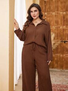 Lacomfia Plus Size Vintage Textured Shirt Set, Slimming 2 Pieces Outfit For Autumn/Winter - Brown - View 7
