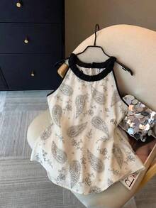 SHEIN PariChic 2026新款女士撞色露背吊带上衣，黑色领口饰以叶子花卉印花面料，蝴蝶结系带无袖设计，休闲通勤简约度假风 - 彩色 - 查看 3