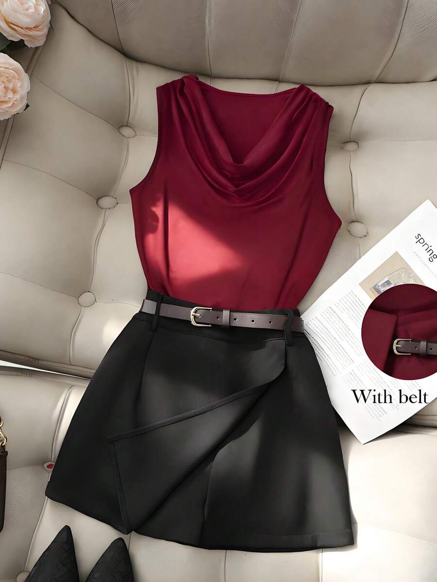 Franclia 优雅无袖酒红色衬衫搭配黑色短裤/裙裤，女士春夏休闲办公两件套套装 - 酒紅色 - 查看 1