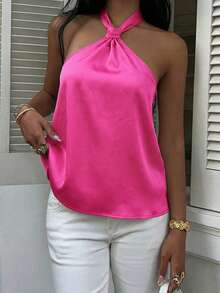 Elegant Hot Pink Halter Satin Sleeveless Knot Top For Women Semi Sheer Regular Length - Hot Pink - View 6