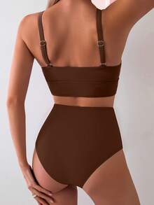 Swim Basics Bộ bikini hai mảnh cạp cao màu đen dành cho nữ, kiểu dáng thường ngày. - Cà phê nâu - Xem 2
