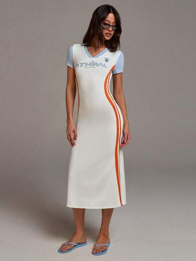 Athîral Vestido largo casual de mujer con cuello en V y estampado, azul y blanco