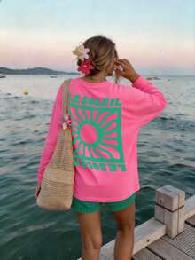 DrmWander 大码女式度假字母和太阳印花圆领宽松休闲长袖T恤 - 玫紅色 - 查看 4