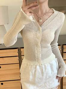 FRIFUL 女士时尚休闲针织罗纹薄开衫 - 白色 - 查看 5