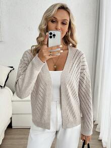 SHEIN Elenzya 浅杏色罗纹针织开衫，休闲通勤装，春夏款 - 杏色 - 查看 5