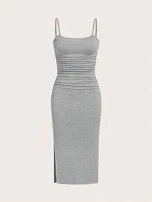 SHEIN EZwear 2件套女士夏季针织修身吊带连衣裙 - 藏蓝色 - 查看 6
