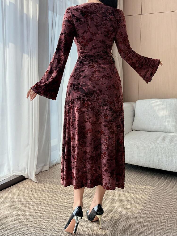 Women's Elegant Floral Print Round Neck Mid-Length Dress, Spring/Summer Wedding Guest Dress Sundress