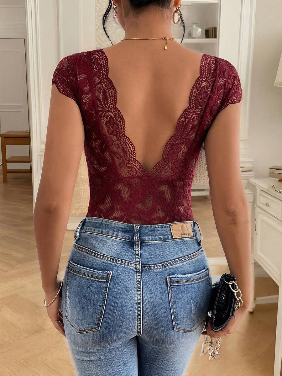 SHEIN Frenchy Áo liền thân nữ cổ chữ V, hở lưng, ren, kiểu Pháp thanh lịch và lãng mạn. - Màu Đỏ Sâu - Xem 1