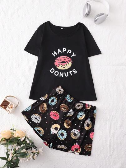 甜甜圈印花短袖短裤女式睡衣套装