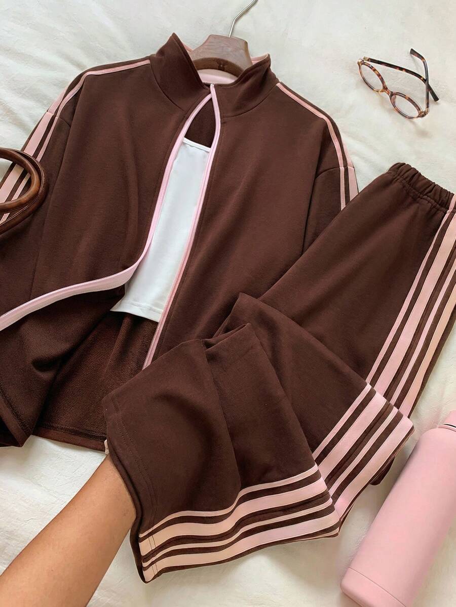 Comfortcana Set casual sportivo da 2 pezzi in tessuto marrone per taglie comode - Castano - Visualizzare 1