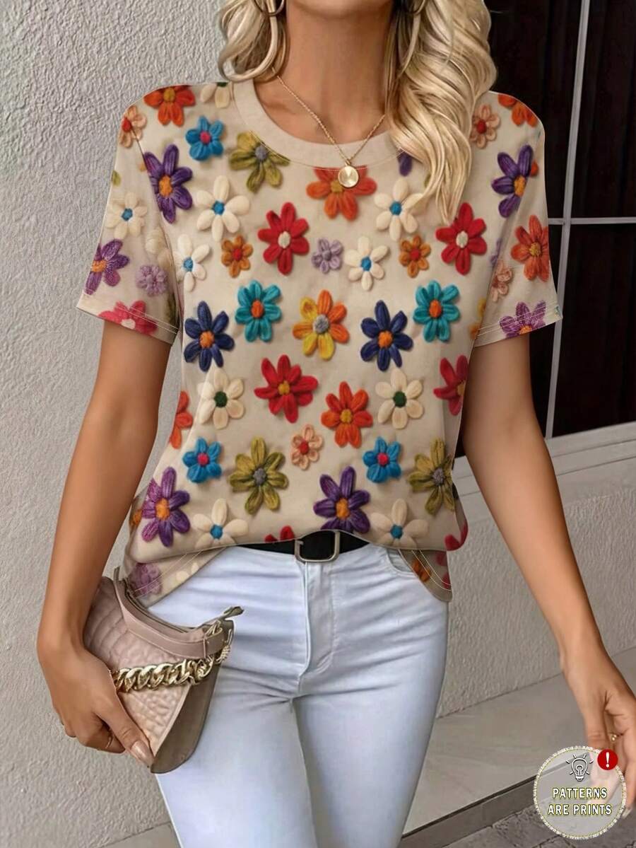 EMERY ROSE Áo thun nữ dáng regular fit, họa tiết hoa, kiểu dáng thanh lịch, tay ngắn, thoải mái khi mặc hàng ngày, phù hợp cho hoạt động ngoài trời và công sở. - Nhiều màu - Xem 1