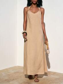 Zivah 2026 Spring & Summer New Music Festival, Easter, St. Patrick's Day, Valentine's Day, Date, Western, Nomadic, Birthday Party, Graduation, College, Student, Daily Wear, Basic Versatile, Casual, Vacation, Cruise Travel, Beach, Sunbathing, Viral , Streetwear, Wedding Guest, Boho, Commute, Brunch, Airport, Party, Holiday Outing, Office Wear Spaghetti Strap Twist Back A-Line Maxi Linen Dress In Apricot - Apricot - View 2