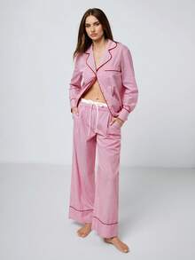 Maija 2025秋冬季不对称领撞色滚边条纹女式衬衫 - 玫紅色 - 查看 1