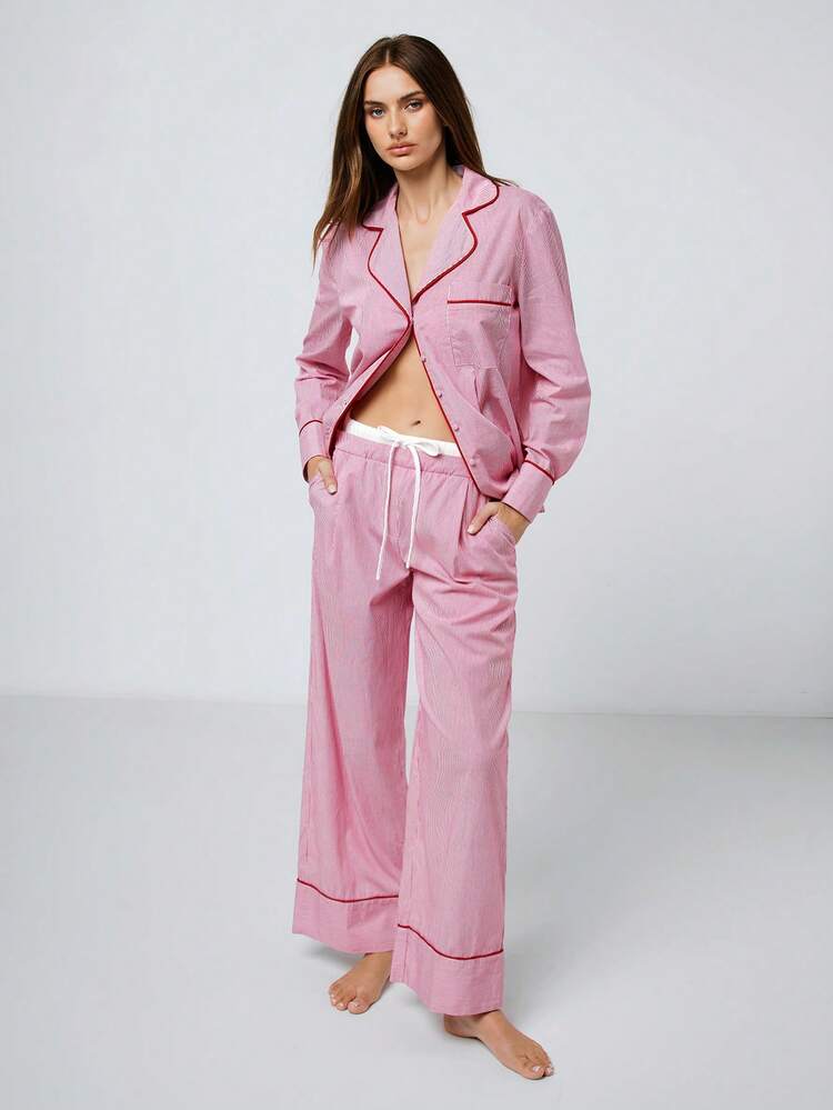 SHEIN Maija 2026SS Asymmetric Collar Contrast Trim Striped Women Pink Blouse, Pajama Style, Pink Stripes, Collar, Contrasting Trim, Women's Long-Sleeved Shirt, Spring/Summer Resort Style, Beach Vacation Outfit, Outdoor Wear, Women's Fashion