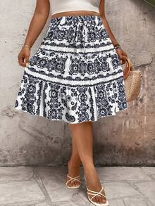 EMERY ROSE Holiday Frill Trim Contrast Color Rope Multi-Functional Casual Pleated Plus Size Skirt - White - View 6