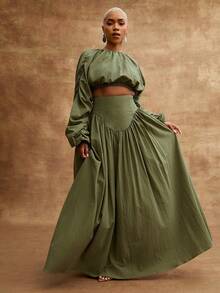 Vixey 100% Cotton Drop Waist Side Zipper Flowy Maxi Skirt - Green - View 3
