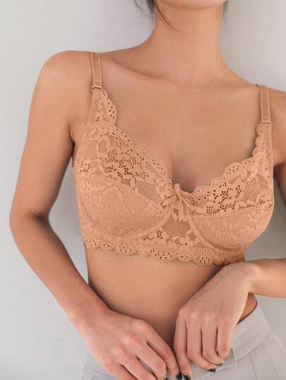 DAZY Lace Patchwork Adjustable Spaghetti Strap Minimally Padded Bra, Suitable For Spring And Summer Lingerie For Women