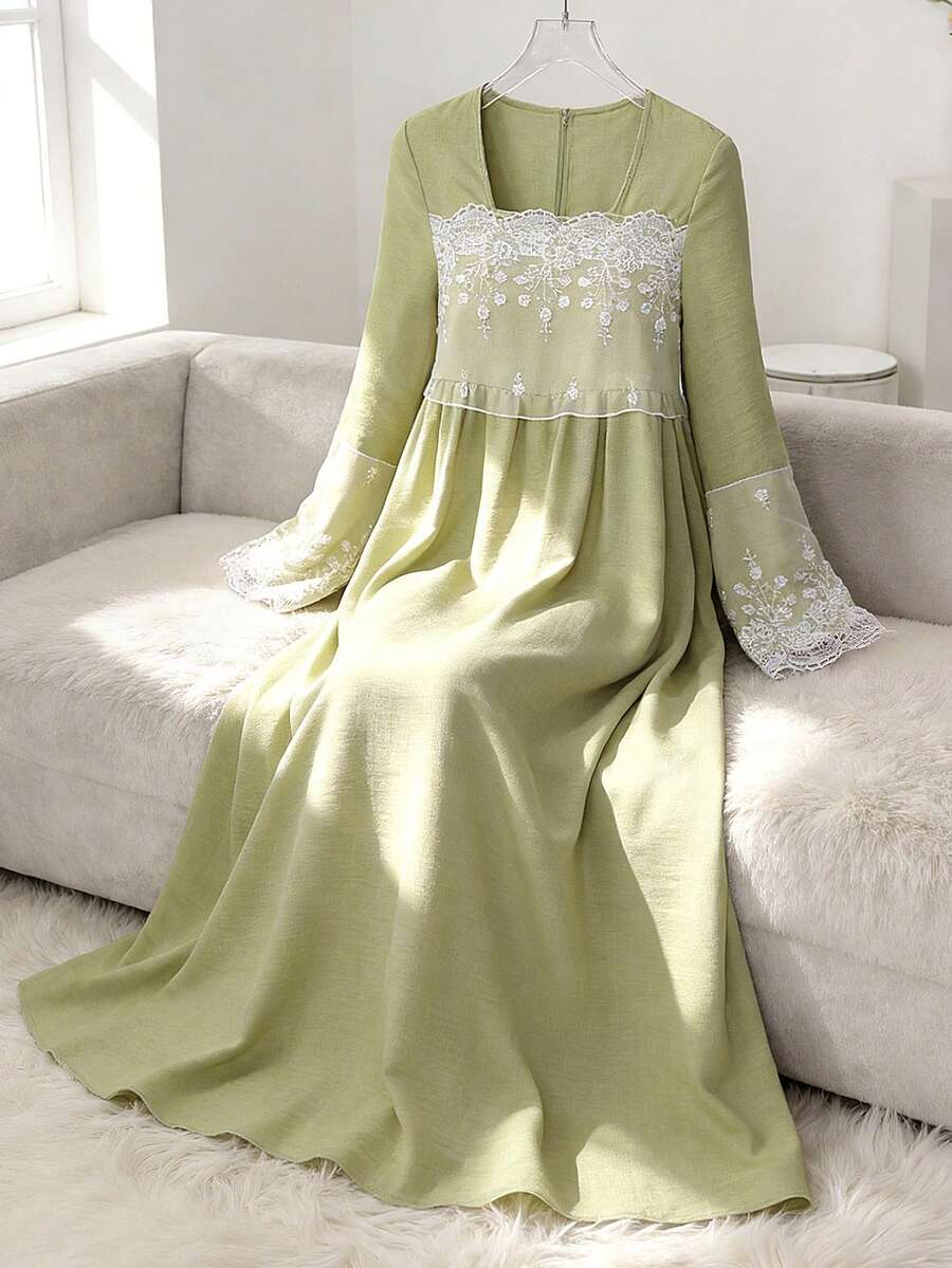 Yasmyna 优雅的牛油果绿女式连衣裙，蕾丝边饰，喇叭裙摆，长袖