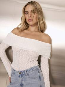 Aralina Floral Lace And Mesh Long Sleeve Off The Shoulder Strapless Top - Beige - View 3