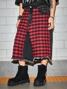 ROMWE MEN Grunge Punk 男士格子撞色口袋毛边休闲百搭牛仔短裤 - 黑色 - 查看 4
