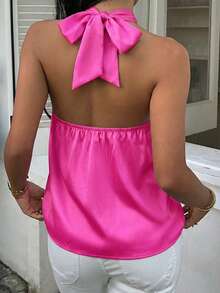 Elegant Hot Pink Halter Satin Sleeveless Knot Top For Women Semi Sheer Regular Length - Hot Pink - View 2