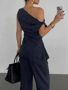 Strévra 2pcs/Set Women's Casual Asymmetric Hem Top And Pants Suit, Suitable For Office And Commuting In Summer - Navy Blue - View 2