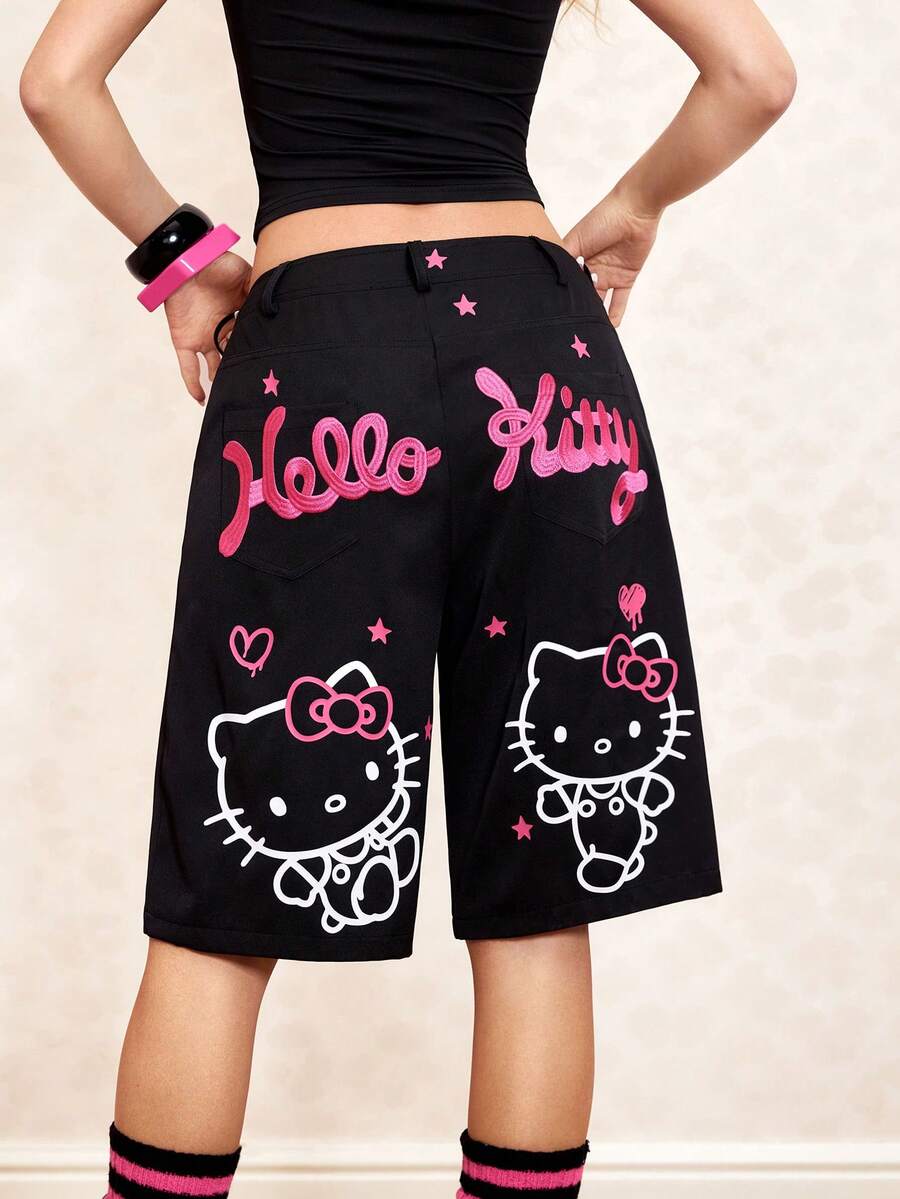 HELLO KITTY AND FRIENDS | SHEIN 女士休闲字母刺绣猫咪印花短裤，夏季 - 紫紅色 - 查看 1