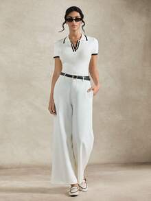 Briarwyn Women's Contrast Trim Half-Zip Casual Short Sleeve Knit Top - White - View 9