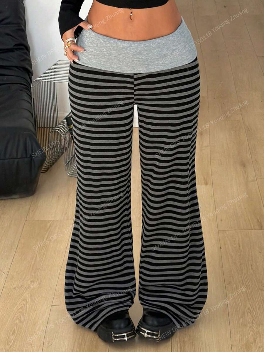 Coolane 女士夏季节日文艺复兴集市街头复古Y2K Grunge印花弹力翻边裤黑色直筒裤 - 深灰色 - 查看 1