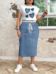 EMERY ROSE סט 2 יחידות: אפקט לב וג'ינס מקרית בגזרה רופפת טופ וחצאית לנשים במידות גדולות, מתאים לסתיו/חורף - כחול ולבן - ראה 3