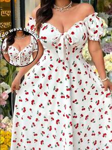 SHEIN EZwear Robe romantique pour rendez-vous/déplacements, imprimé cerises, grande taille, printemps/été - Blanc - Voir 1