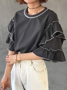 FRIFUL Women's Contrast Color Layered Pleated Ruffle Hem Loose Casual Versatile T-Shirt, Spring/Summer - Dark Grey - View 4