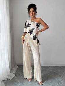 Rafferiza 2pcs Women Casual Elegant Printed Top And Straight Leg Pants Set - Apricot - View 5