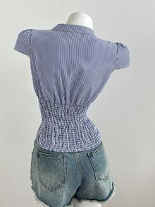 Elamini 条纹深V领优雅女士短袖衬衫 - 黑與白 - 查看 2