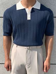 DAZY Polo de manga corta de punto con cuello de parche azul y blanco para hombre, verano - Multicolor - Ver 6