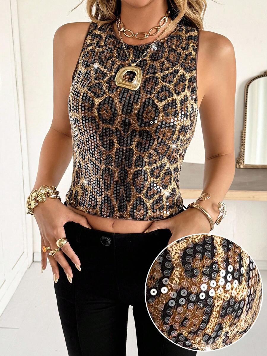 Siren Gaze Women's Casual Fashionable Modern Glitter Leopard Print Cheetah Print Sequin Camisole Sequin Crop Going Out Tank Top Leopard Costume Concert Outfits Party Tops Luxury Summer Shiny - Multicolor - View 1