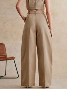 Anewsta 女士卡其色撞色打结结构春季新款喇叭裤，休闲百搭修身西装裤 - 卡其色 - 查看 2
