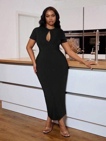 Slaydiva 优雅性感黑色紧身连衣裙，胸前镂空设计，后背开衩，弹力针织面料，适合派对、婚礼、毕业典礼、朋友聚会等场合，大码 - B