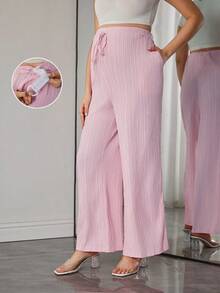 Momance 女士长款纹理面料优雅系带直筒孕妇裤 - 粉色 - 查看 4