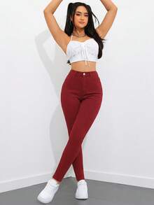 SHEIN ICON Quần jeans skinny màu trơn đơn giản, đa năng dành cho nữ, thích hợp mặc hàng ngày đi làm. - Màu Hồng Tươi - Xem 7