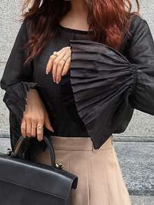 FRIFUL Women's Solid Black Sheer Patchwork Flare Sleeve Pleated Loose Casual Versatile Blouse - Black - View 7