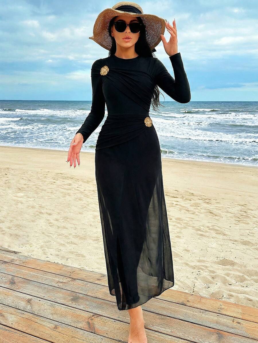 Swim Mulvari Women's Elegant Metallic Flower Decor Burkini Set, Modest Full Coverage Beach Swimwear, Spring/Summer - Black - View 1