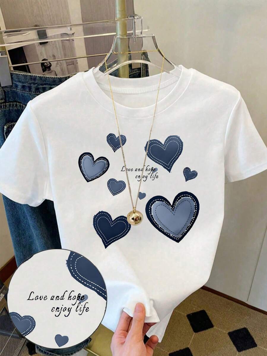 Teenage Girls' White Cropped T-Shirt, Sweet & Cool Denim-Look Heart Graphic, Versatile All-Match Tee Suitable For Outings, Street Style, Spring, Summer, Autumn, Fitted & Tight - Multicolor - View 1