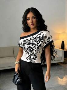 Rafferiza New Oblique Shoulder Short Sleeve Slimming Women Blouse, Spring/Autumn - Multicolor - View 4