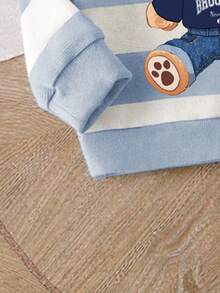 SHEIN Playful Pals 2pcs/Set Toddler Boys' Blue White Stripe Collegiate Sweatshirt Set Cute Bear Design Crew Neck Long Sleeve Sweatpants For Autumn Family Matching Gift - Multicolor - View 5
