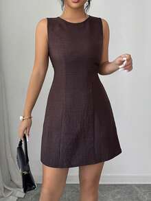 Almamuse 女士新款无袖圆领露背系带短裙，简约百搭休闲学院风 - 棕色 - 查看 5