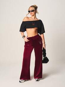 Missguided x Playboy Luxurious Burgundy Velvet Wide Leg Sweatpants With Drawstring Waist And Rhinestone Text Detail For Casual Comfort And Loungewear - Burgundy - View 3